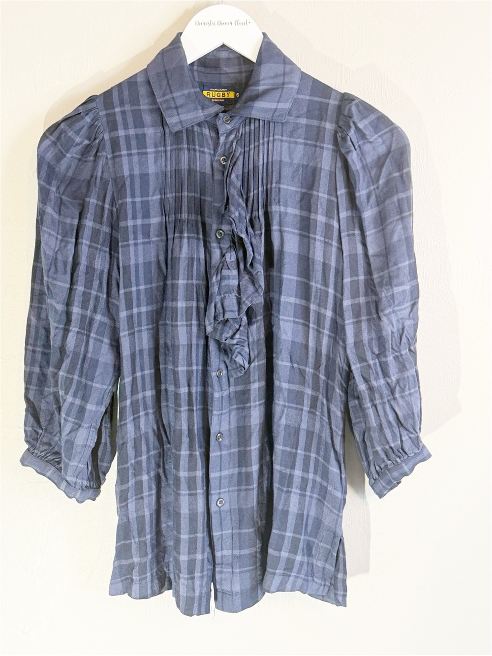 RALPH LAUREN RUGBY Women’s Blue Plaid Ruffle Front Blouse Top 3/4 Sleeve Size 6